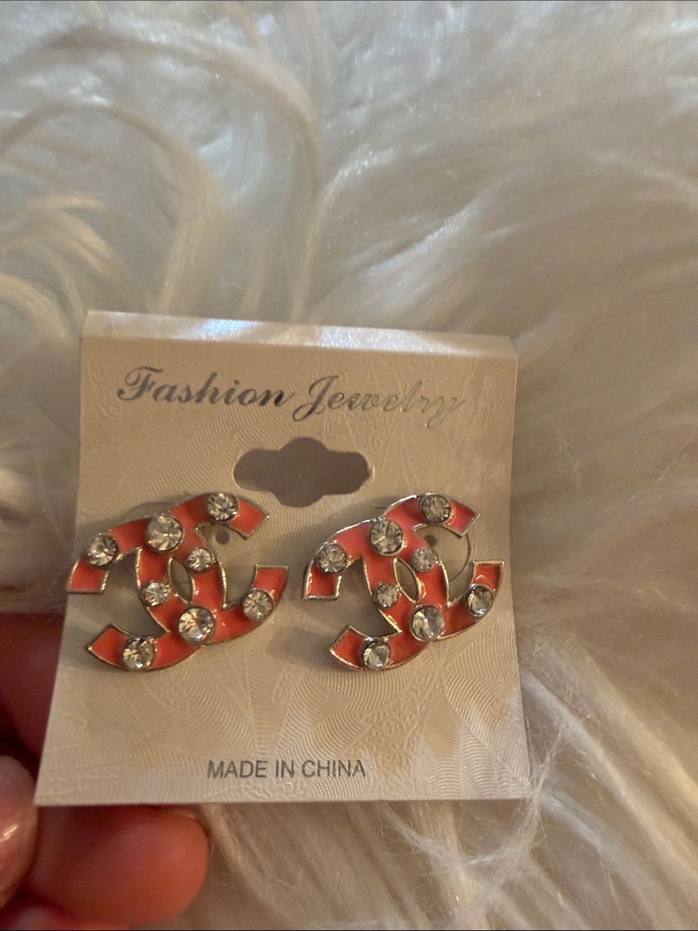 Fashion Jewelry Coral Crystal Double-C Logo Earrings